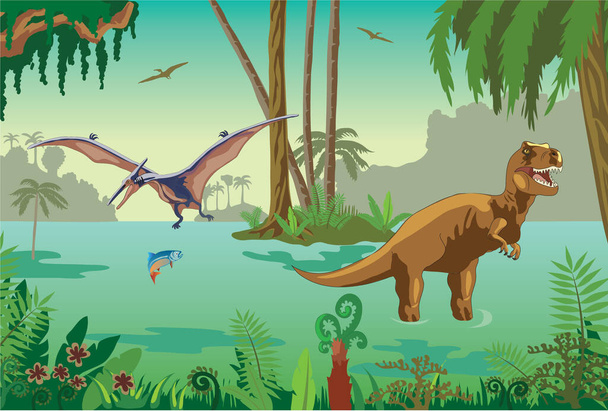 Dinosaurs on a landscape background. Prehistoric era. Mesozoic era. Tyrannosaurus Rex green. A pterodactyl flies in the sky. T-Rex. Fern, palm, creepers. A dinosaur stands in a swamp. Dino fishing. - Vector, Image