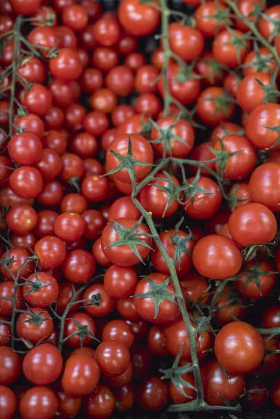 A bunch of cherry tomatoes on the vine in a box. tomato concept - Photo, Image