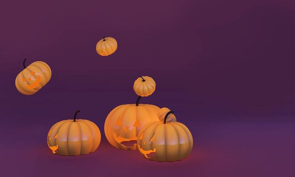 Banner de Halloween com abóbora sorridente irritado isolado no fundo azul escuro roxo 3d renderização paisagem de abóbora. Conceito de Halloween. - Foto, Imagem