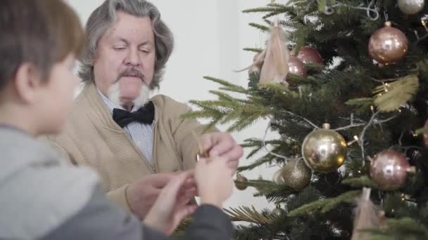 Elegant grey-haired man decorating Christmas tree with little boy. Portrait of happy Caucasian grandfather celebrating New Years eve with grandson. Family holidays concept. - Záběry, video