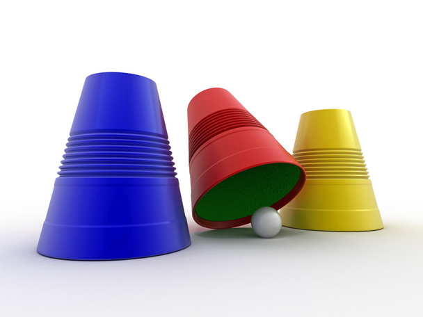 Three colored plastic cups with sphere. Right choice - Foto, Bild