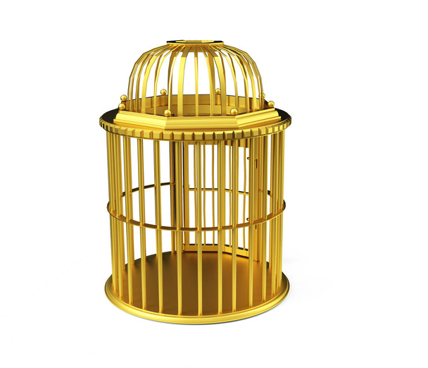 Golden bird cage isolated on white background. 3d illustration - Фото, зображення