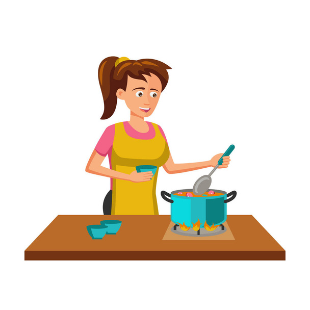 litteä muotoilu sarjakuvahahmo naisen ruoanlaitto - Vektori, kuva