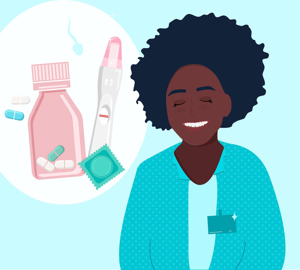 アフリカ系アメリカ人女性医師は笑顔で、臨床で産科を宣伝します。避妊薬、妊娠検査、経口避妊を出産します。 - ベクター画像