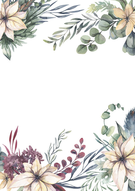 Αδιάβροχο χειροποίητο στεφάνι με μπεζ, ροζ λουλούδια και πράσινα φύλλα.Ακουαρέλα floral εικονογράφηση με κλαδιά - για πρόσκληση γάμου, στάσιμο, χαιρετισμούς, ταπετσαρίες, φόντο. - Φωτογραφία, εικόνα