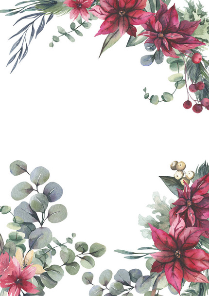 Watercolor hand painted wreath with red flowers and green leaves.Watercolor floral illustration with branches - for wedding invite, stationary, greetings, wallpapers, background. - Photo, Image