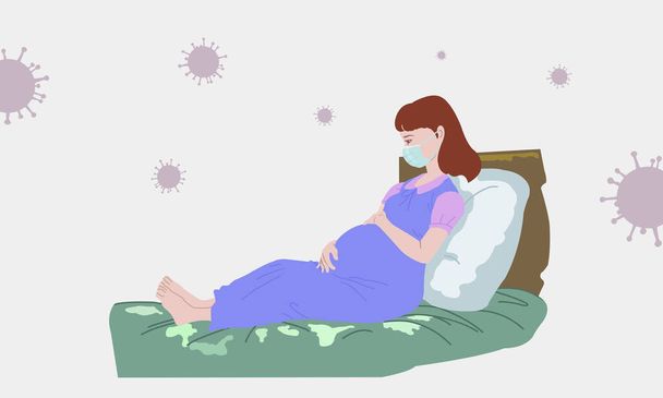 A terhes nők aggódnak a vírus miatt. Mindkét kezével tartotta a hasát közel a szüléshez. A koronavírus járvány alatt szerte a világon. - Vektor, kép
