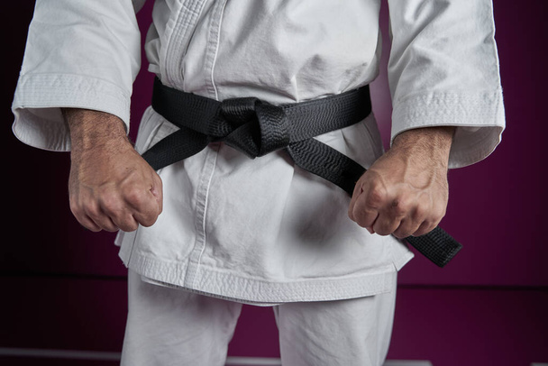 Taille d'un maître de karaté avec un rang de ceinture noire, posant avec les poings serrés comme un salut des arts martiaux avant un combat - Photo, image