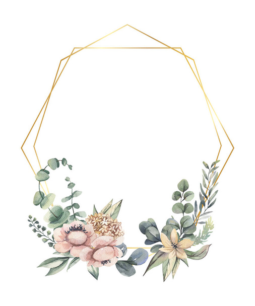 Watercolor hand painted wreath with beige, pink flowers and green leaves.Watercolor floral illustration with branches - for wedding invite, stationary, greetings, wallpapers, background. - Photo, Image