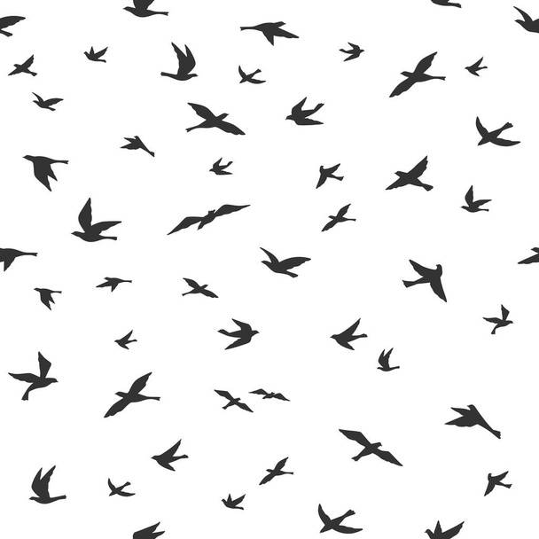 Flying bird seamless pattern. Drawing birds flock flying, abstract aerial black silhouettes in sky, print textile, wallpaper vector texture - Vettoriali, immagini