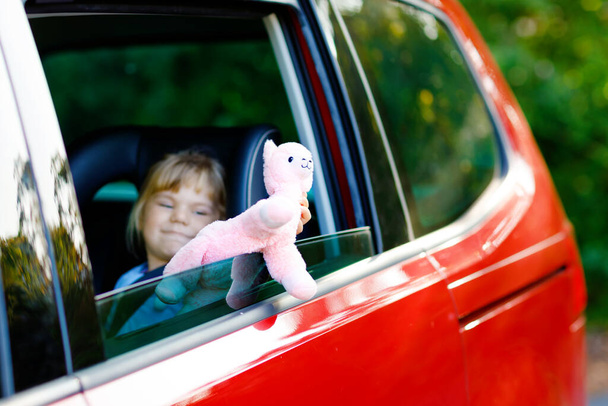 Menina adorável criança sentada no assento do carro, segurando brinquedo macio de pelúcia e olhando para fora da janela na natureza e no tráfego. Um miúdo a viajar de carro. Segurança infantil na estrada. Viagem em família e férias - Foto, Imagem