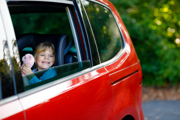 Suloinen taapero tyttö istuu turvaistuimella, pitäen pehmeitä pehmoleluja ja katsomalla ulos ikkunasta luontoon ja liikenteeseen. Pikkupoika matkustaa autolla. Lasten turvallisuus tiellä. Perhelomat ja lomat - Valokuva, kuva