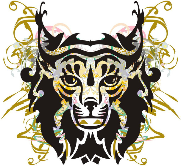 Kleurrijke lynx hoofd vlam spat. Close-up grunge lynxkop met gekleurde decoratieve en gouden elementen voor behang, prints op t-shirts, tatoeages, textiel, enz.. - Vector, afbeelding