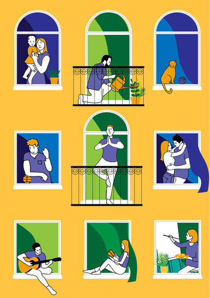 The concept of social isolation during the coronavirus pandemic. Windows with people inside their houses. Balconies with people during quarantine. Stay home. - Vector, Image