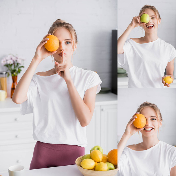 коллаж блондинки, закрывающей глаза апельсином и яблоком, при этом показывая знак молчания - Фото, изображение