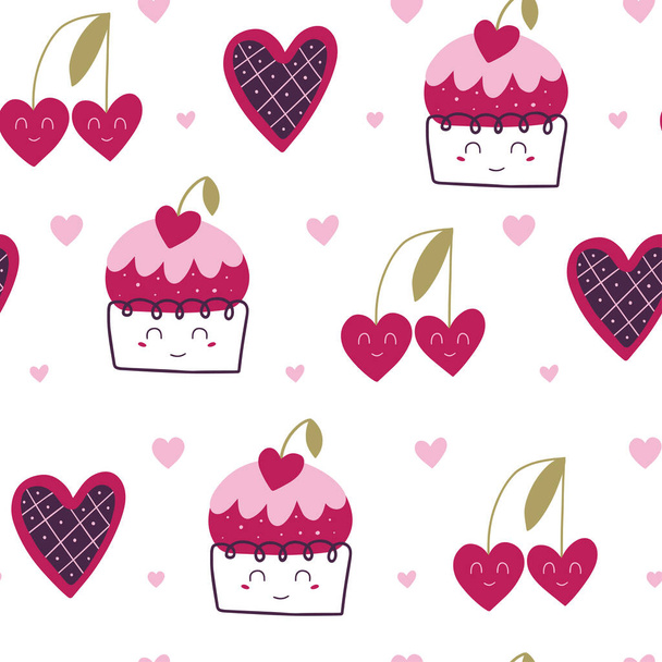 ケーキとバレンタインデーのシームレスなパターン。包装紙、布、カバー、カードのためのロマンチックなデザイン。ベクターイラスト. - ベクター画像