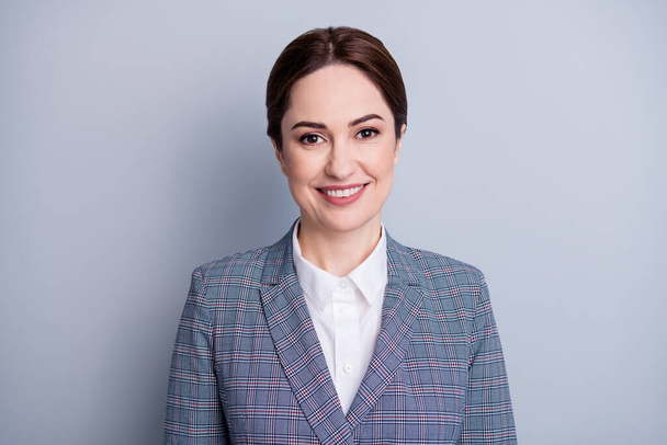 Closeup photo of attractive confident business lady toothy beaming smile good mood skilled teacher profession occupation wear plaid suit jacket white shirt isolated grey color background - Foto, immagini