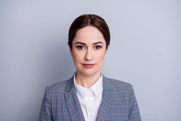 Closeup photo of attractive confident business lady positive facial expression teacher profession occupation wear plaid suit jacket white shirt isolated grey color background - Fotoğraf, Görsel
