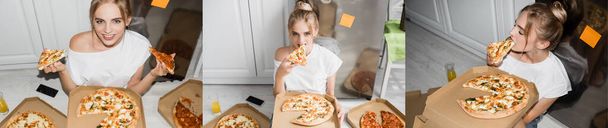 collage de mujer joven rubia sentada en el suelo en la cocina y comiendo pizza, imagen horizontal - Foto, imagen