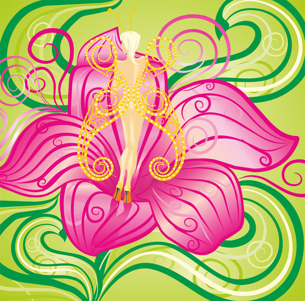 Butterfly girl in pink flower - Вектор,изображение