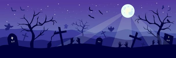Fröhliches Halloween-Banner mit gespenstischen Geistern und Fledermäusen auf dem Friedhof. Gruseliger nächtlicher Hintergrund mit Zombie und Mond. Vektorillustration. - Vektor, Bild