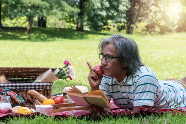 Elderly lifestyle concept. Senior man with gray hair holding and reading book in his hand while lying in picnic cloth with food feeling relax in the park - Photo, image