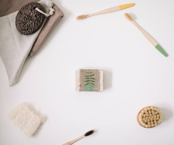 Zero waste kitchen accessories, natural organic soap. Concept of plastic free and eco friendly products in household, top view - 写真・画像
