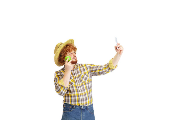 Handsome farmer, rancher isolated over white studio background - Photo, Image