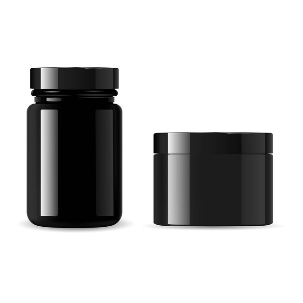 Black cosmetic bottle set. Cream jar vector mockup. Glossy glass container for powder or wax. Sport supplement packaging blank for whey protein powder. Plastic can, isolated - Vector, Image