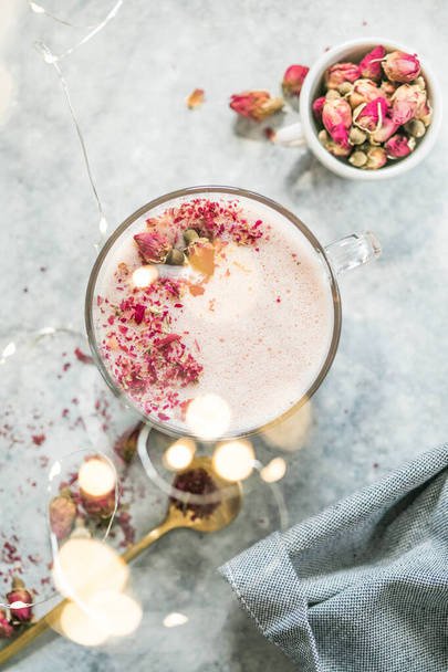 Pink matcha latte with milk. Trendy  beverage. Christmas drink - Fotó, kép
