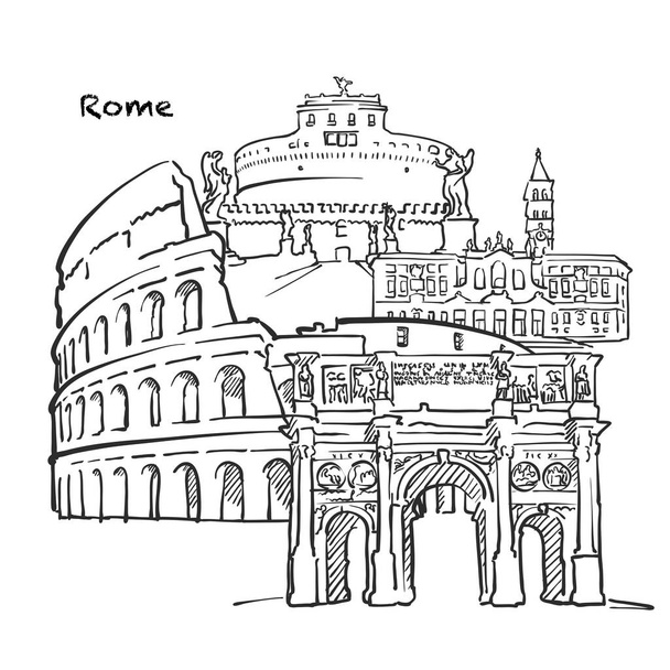 Kuuluisia rakennuksia Rooman, Italia Kokoonpano. Käsin piirretty mustavalkoinen vektorikuva. Ryhmitetyt ja siirrettävät esineet. - Vektori, kuva