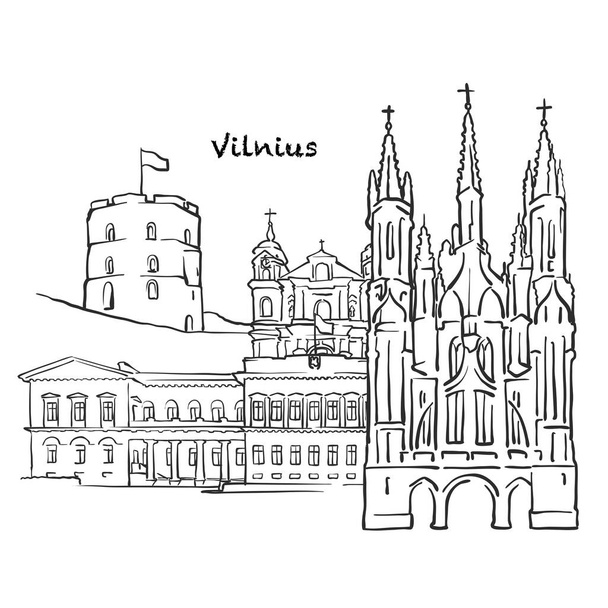 Beroemde gebouwen van Vilnius, Litouwen Samenstelling. Handgetekende zwart-wit vector illustratie. Groeps- en roerende zaken. - Vector, afbeelding