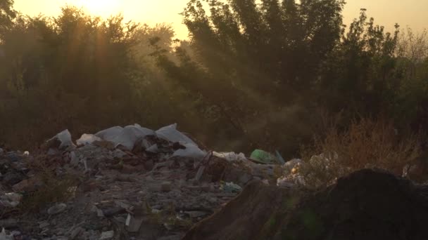 свалка мусора и отходов в городе курит после пожара в лучах восходящей соли ранним утром - Кадры, видео