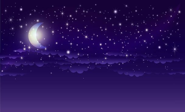 Nocne gwiaździste niebo z gwiazdami, księżycem i chmurami. - Wektor, obraz