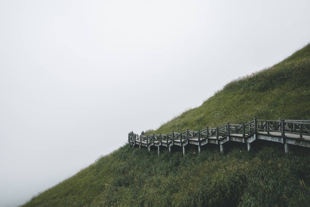 中国江西省武公山の牧草地を横断する木道 - 写真・画像