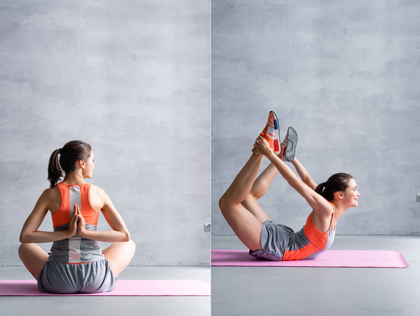 Collage of sportswoman training on fitness mat at home - Photo, Image