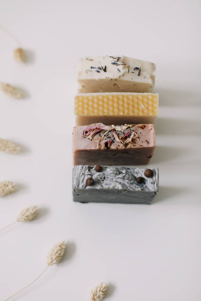 Homemade natural soap bars. Spa concept, natural cosmetics. Flat lay, top view. - Photo, Image