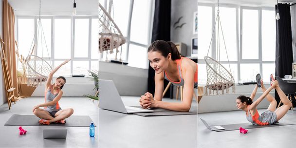 Kollázs fiatal nő edzés közelében laptop és súlyzók fitness mat otthon  - Fotó, kép