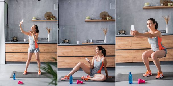 Collage of young sportswoman using smartphone and taking selfie while exercising in kitchen  - Foto, Imagem