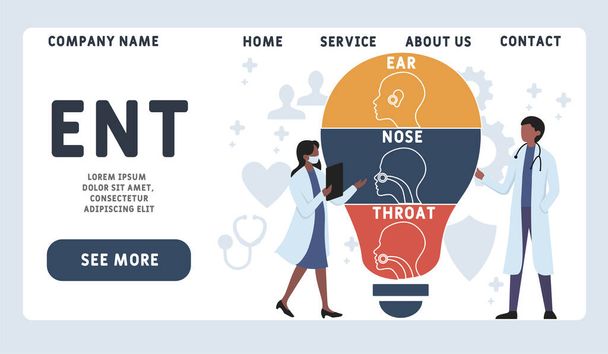 Шаблон векторного дизайна сайта. ENT - сокращённо Ear Nose Groat, медицинская концепция. иллюстрация для баннера сайта, маркетинговых материалов, бизнес-презентации, интернет-рекламы. - Вектор,изображение