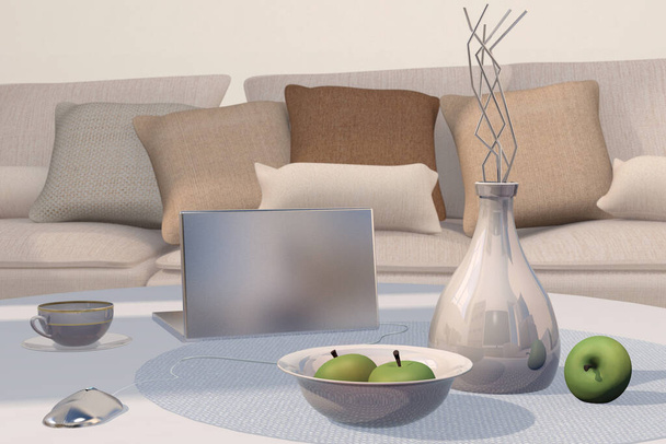 3D-Illustration von Glas, grünem Apfel, Laptop, Schüssel und Sofa Hintergrundinterieur  - Foto, Bild