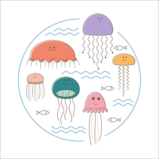 Des méduses flottant dans les vagues. Image vectorielle plate - Vecteur, image