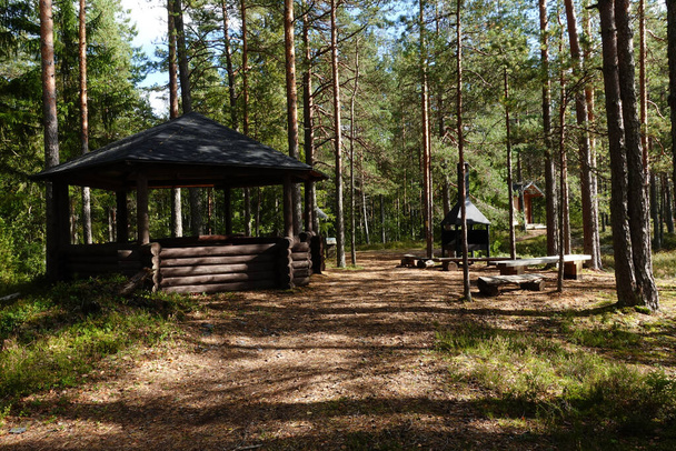 避難所と休憩の暖炉を特徴とするハイキングコースの居心地の良いキャンプ場。 - 写真・画像