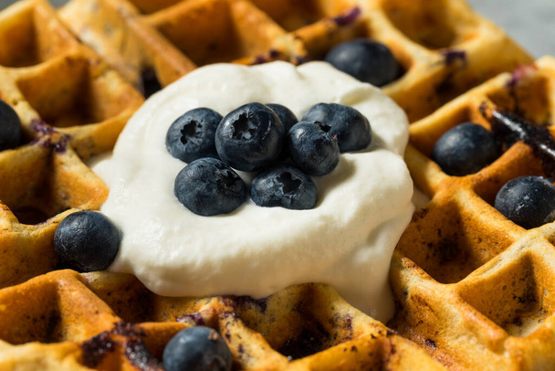 Homemade Warm Blueberry Belgian Waffles with Whipped Cream - Photo, Image