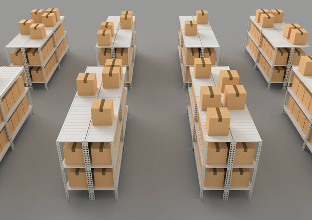 Склад с полками, стеллажами и коробками, вид сверху 3D рендеринг иллюстрации. - Фото, изображение