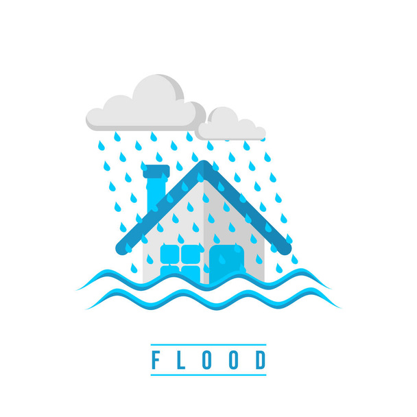Vloed ontwerp met ondergedompelde huis vector illustratie. Goede template voor rampontwerp - Vector, afbeelding