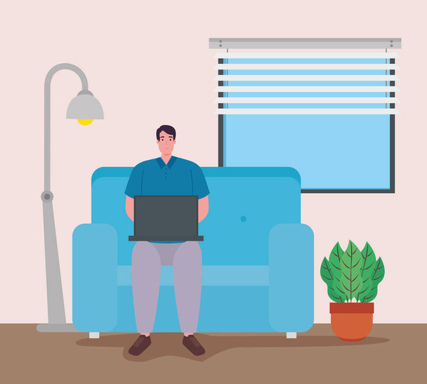 télétravail, homme avec ordinateur portable dans le salon, travail à domicile - Vecteur, image