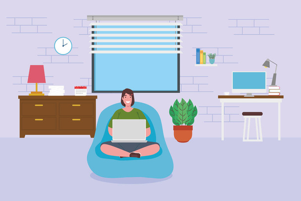 teletrabalho, mulher sentada em pufe com laptop, trabalhando em casa - Vetor, Imagem