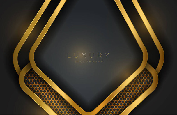 Realistic 3d background with shiny gold geometric shape. Vector golden geometry shape on black surface Graphic design element. Luxurious Elegant template - Vector, Image
