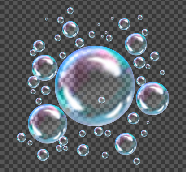 Burbujas de jabón transparentes voladoras sobre fondo a cuadros. - Vector, Imagen